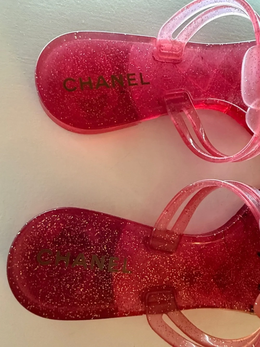CHANEL Pink Jelly Camellia Slide Sandals with Gold CC Accents